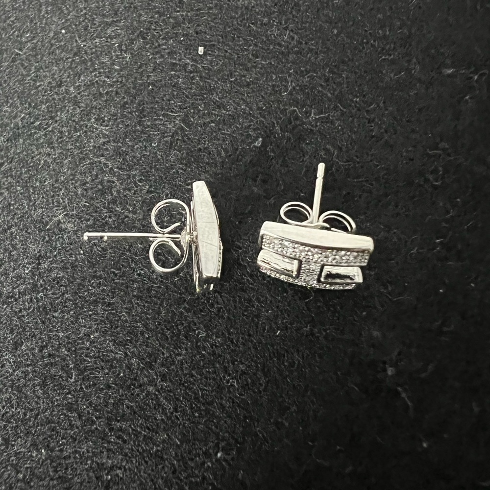 Micro Paved Silver Letter H Stud Earrings New - Picture 5 of 7